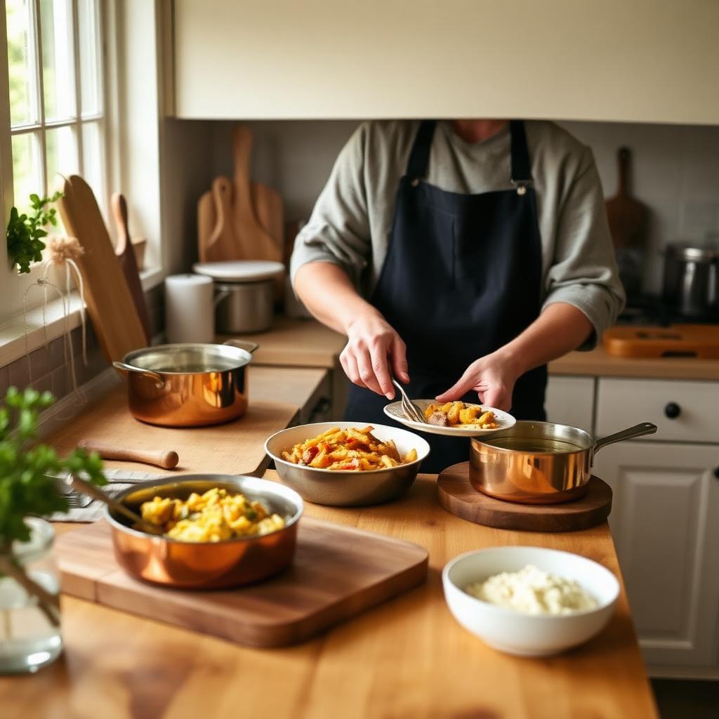 A home cook plating comfort food in a cozy cottage kitchen